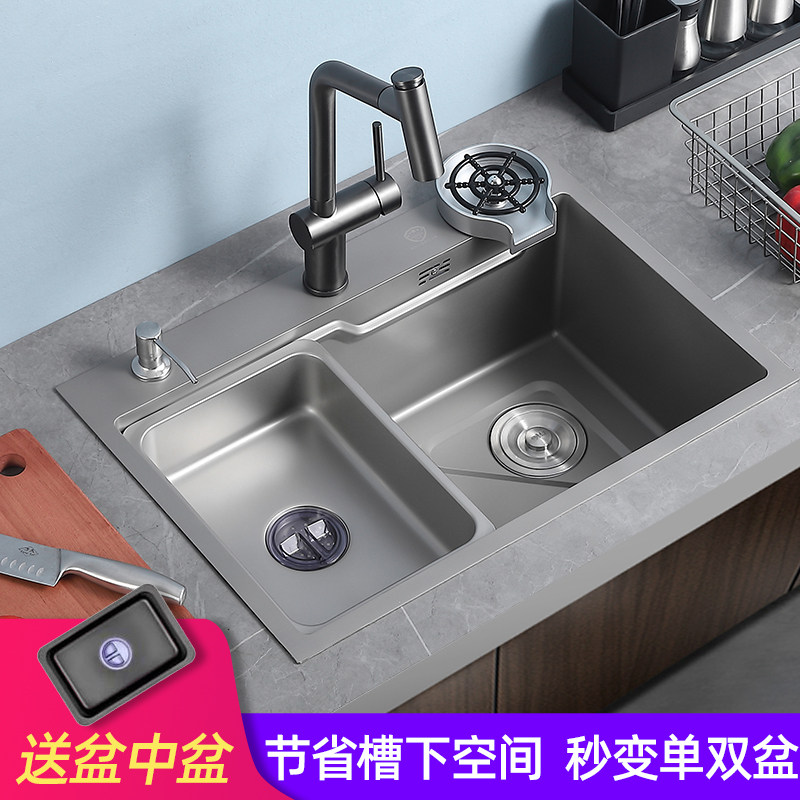 Vegetable Wash Basin Kitchen Nanodishwashing 304 Stainless Steel Multifunction Floor manual Home Large single sink Sink Thickened