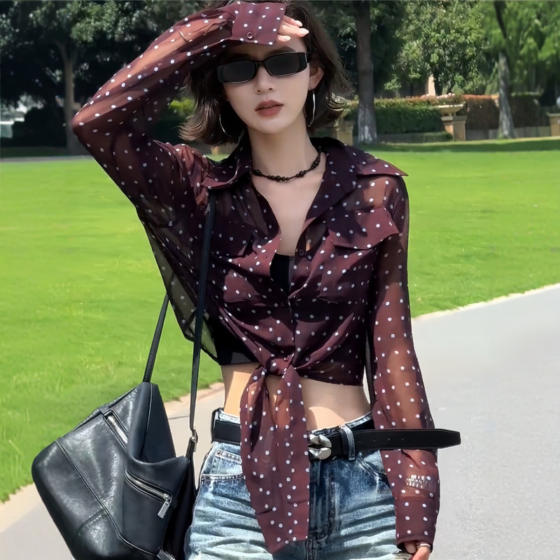 High-End Lightweight Sunscreen Polka-Dot Shirt for Women Summer Long-Sleeved New French Fashion Slightly See-Through Sexy Short Top