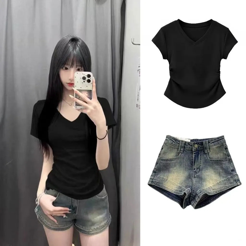 Summer Korean Style Pure and Sexy Sweet Girl V-Neck Waist-Cinching Short-Sleeve T-Shirt Top and Denim Shorts Two-Piece Set for Women