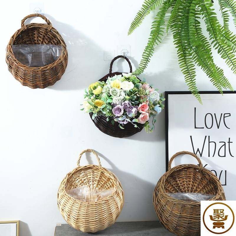 Willow wall-hanging flower pot wall decoration flower basket wall hanging wall suspended grass-knitted flower pot bricking basket hanging basket gondole-Taobao