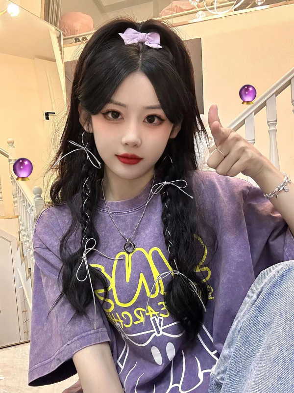 Washed Purple Cartoon Stylish Design American Style New Loose Slimming Round Neck Short-Sleeved Couple T-Shirt Women's Trendy Brand Washed Purple Cartoon Stylish Design American Style New Loose Slimming Round Neck Short-Sleeved Couple T-Shirt Women's Trendy Brand