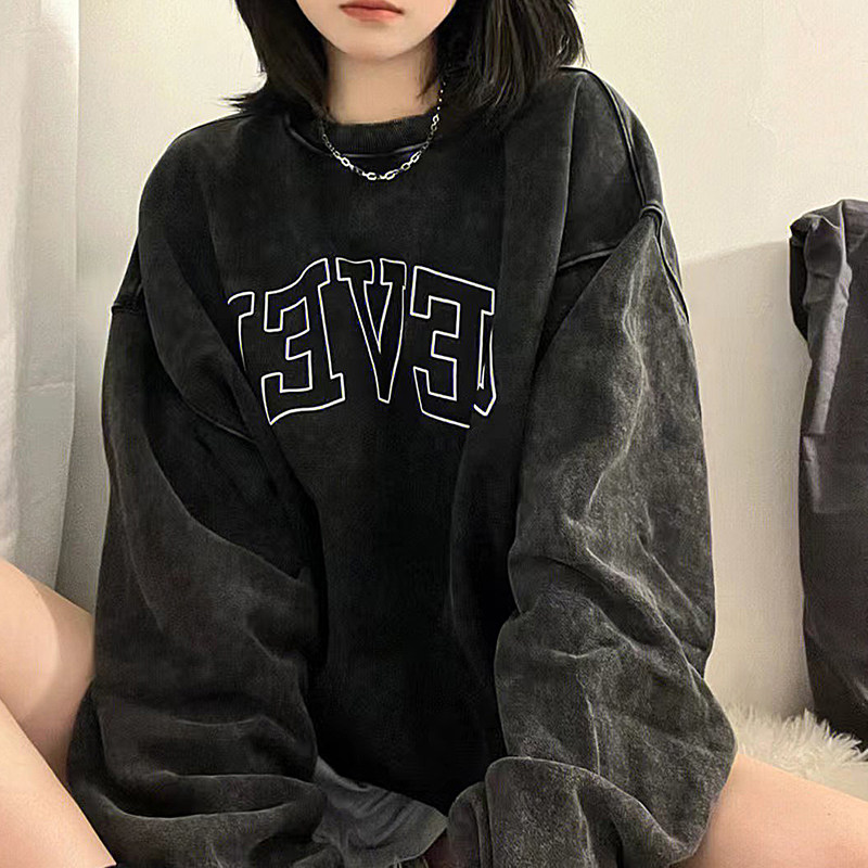 Autumn and winter large size women's clothing national tide basic American letter printing high street washed do the old plus velvet pullover round neck thick cotton T