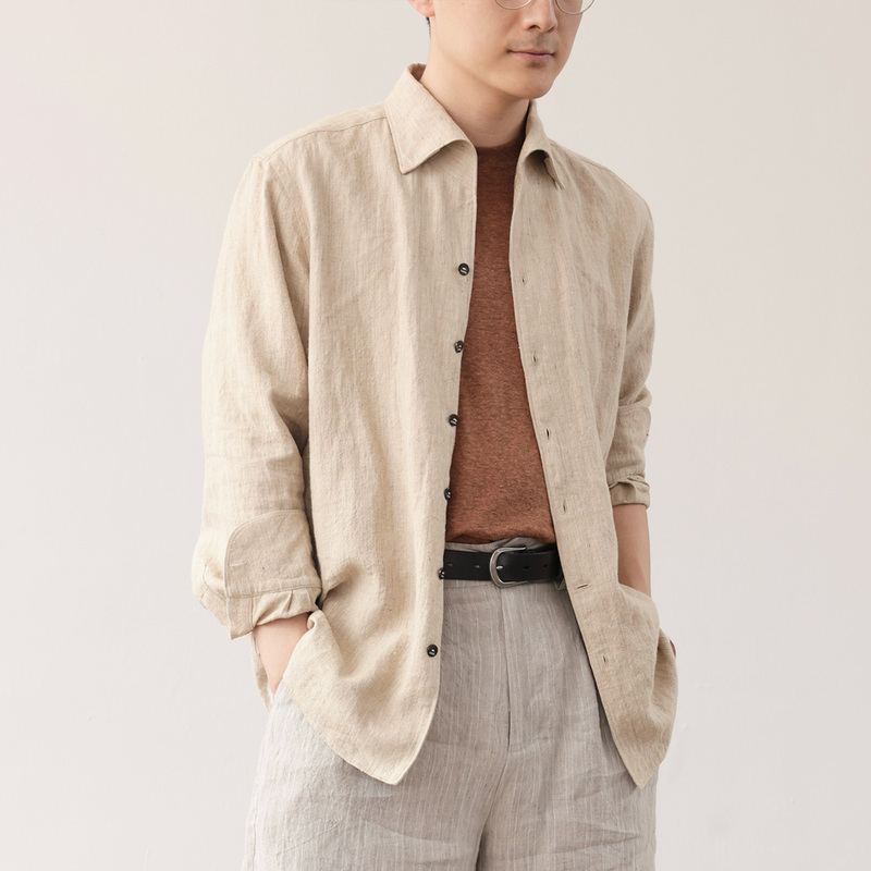Yekian | Tussah Silk and Linen Blend Italian-Style One-Collar Casual Long-Sleeve Shirt
