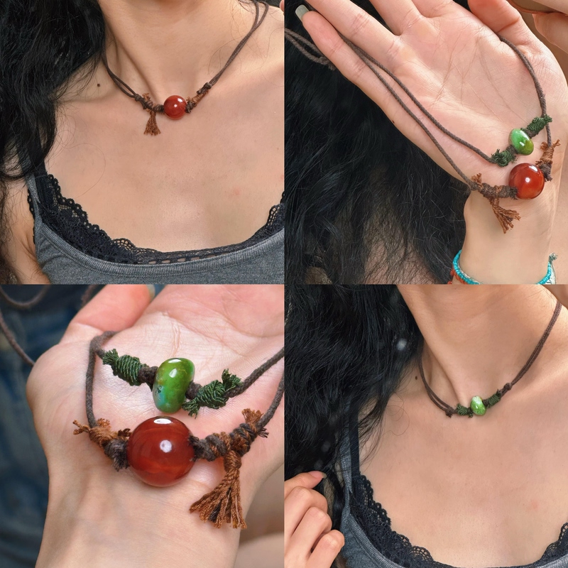 Tibetan-Style Natural Sichuan Material Southern Red Agate Fortune Bead Clavicle Chain Turquoise Free-Form Neck Chain Necklace in New Chinese Style