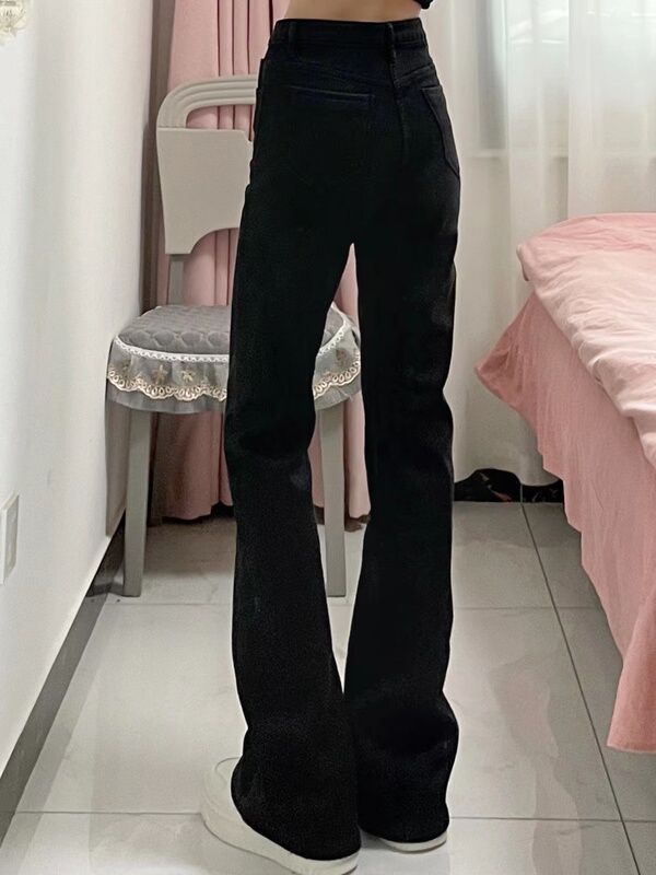 American Retro High-Waisted Black Flared Jeans for Women, Summer Style, Fleece-Lined, Slim Fit, Floor-Length Straight Pants