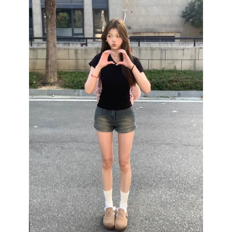 American Retro Stretch Denim Shorts for Women, New Summer Style, Hot Girl Wide-Leg Slimming Shorts, High-Waisted Straight A-Line Pants