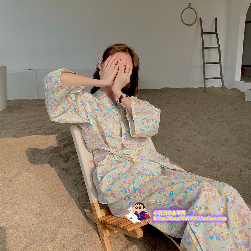 Japanese floral pajamas women's summer thin section V-neck top loose pants suit home service two-piece set tide