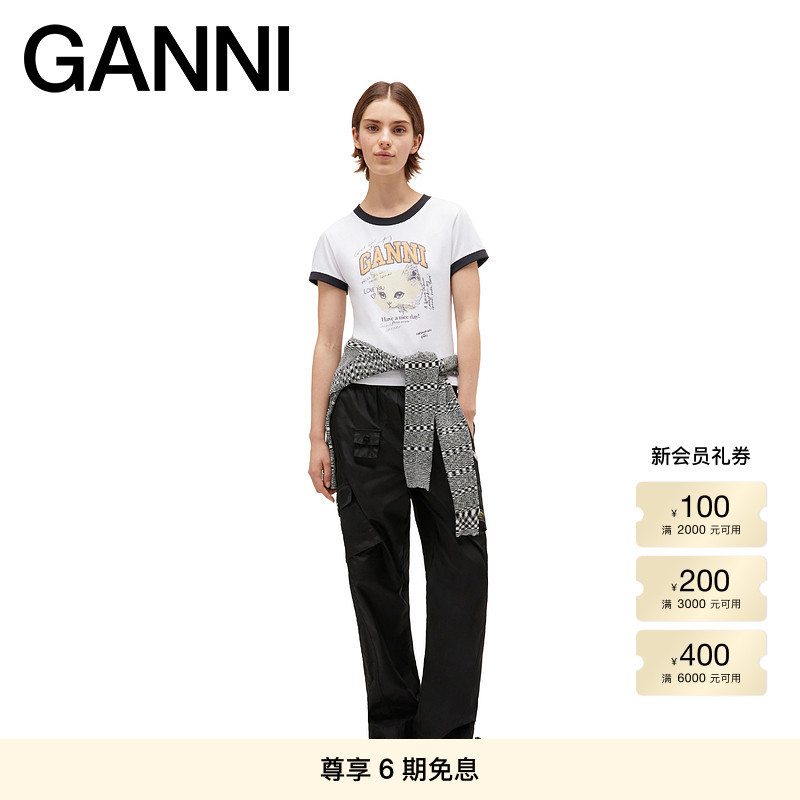 Ganni Women's Clothing Color-Blocking Fun Cat Print American-Style Spicy Girl Casual Slim-Fit Short-Sleeve T-Shirt T4336151