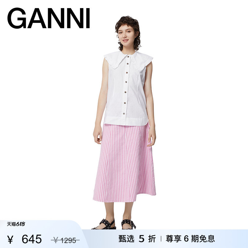 [Selected Discount] Ganni Women's Clothing White Doll Collar Cotton Poplin Sleeveless Shirt Top F4715151