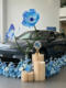4S Store Car Delivery Ceremony Decoration with Blue Artificial Flowers, Fake Flower Arrangements, Flower Path Decorations, and Ambiance Scene Setup