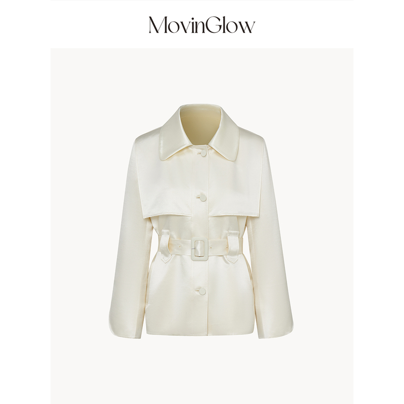 Movinglow|Flowing Art Luxurious Glossy Wool Silk Stylish Belted Waist-Cinching Short Trench Coat Movinglow|Flowing Art Luxurious Glossy Wool Silk Stylish Belted Waist-Cinching Short Trench Coat