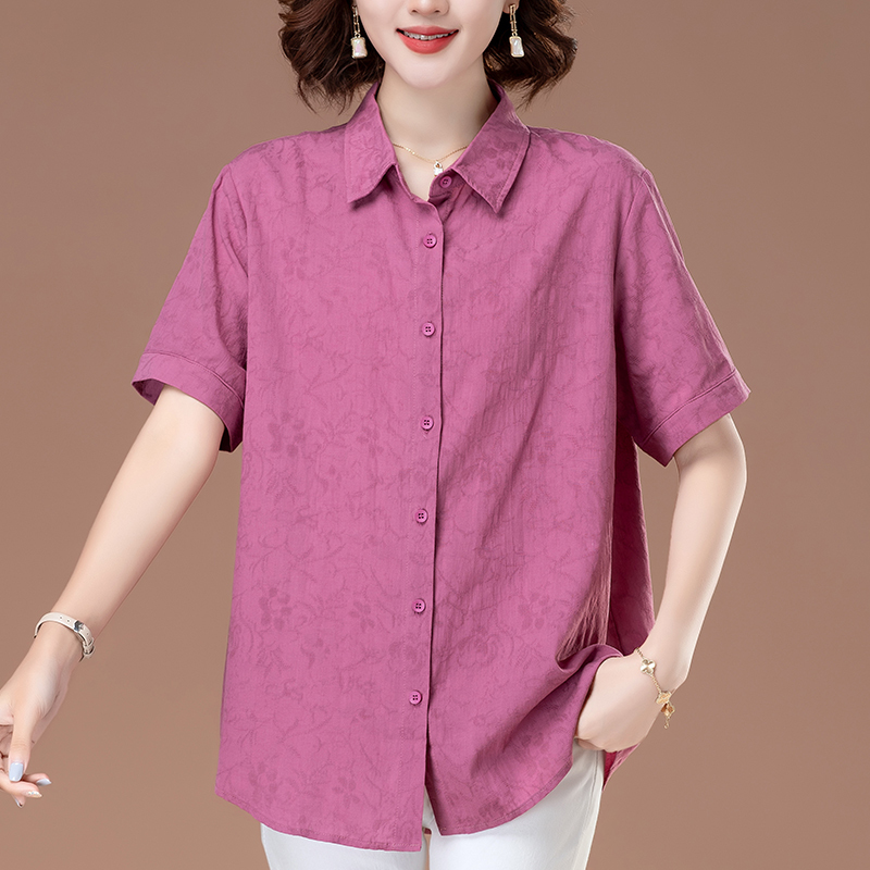 Plus-Size Shirt for Middle-Aged and Elderly Women, Jacquard Short-Sleeved Cardigan T-Shirt, Loose-Fitting Lapel Shirt That Covers the Belly, Casual Shirt