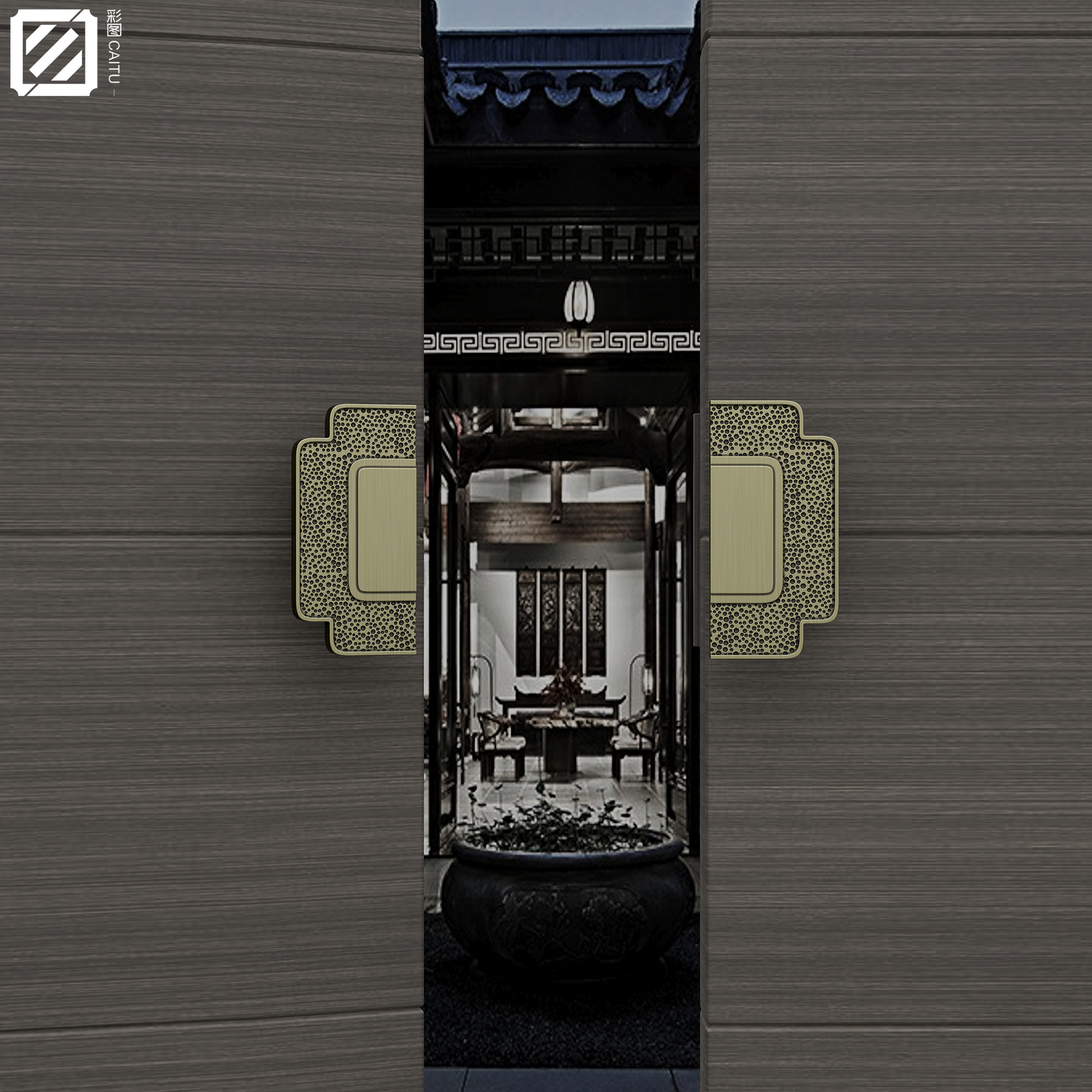 Chinese-style pitted half-round wooden door handle antique copper high-end hotel villa meeting room private room glass door handle