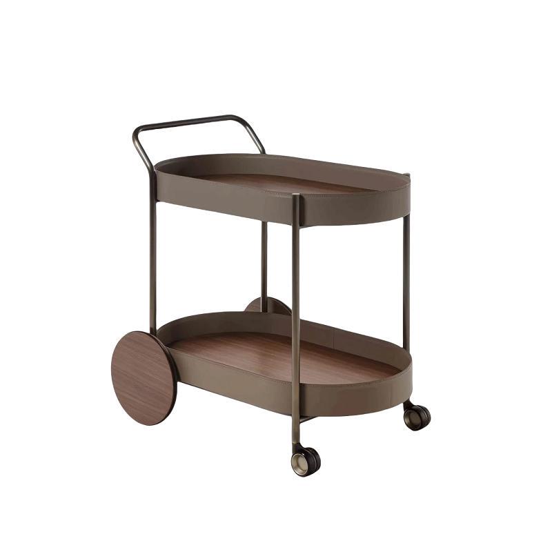 Italian Minimalist Saddle Leather Stroller Hotel Villa Large Flat Movable Drink Cart Dining Cart
