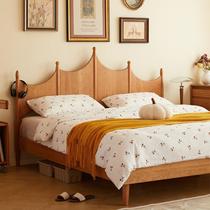 Solid wood double bed cherry wood Nordic childrens bed Japanese retro small apartment log bedroom 1 5 meters 1 8 large bed