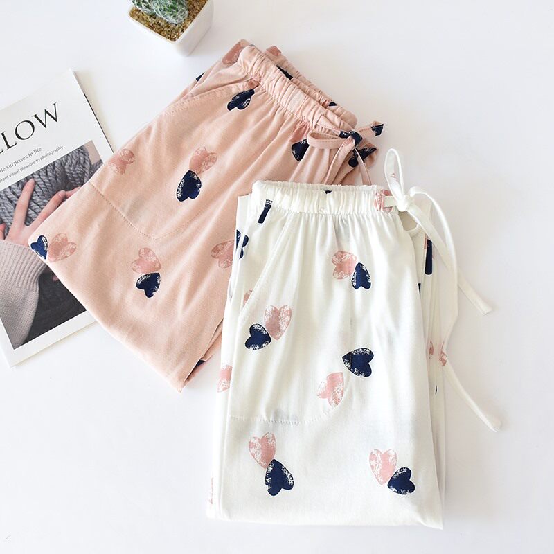 Japanese Japanese Sleeping Pants Woman Spring Autumn Pure Cotton Full Cotton Knitted Cotton Home Pants Long Pants Fresh Loose can be worn outside