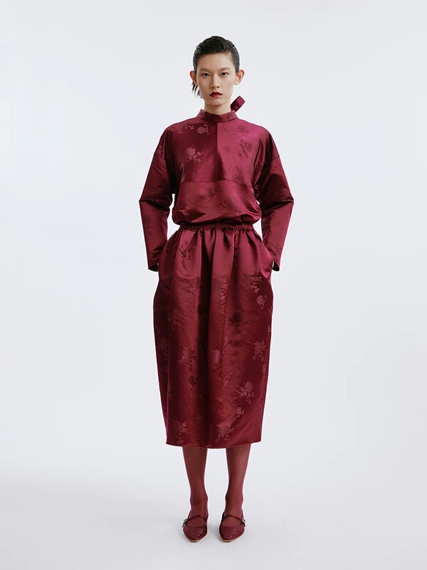 [in Stock] m Brand Same Style Burgundy Floral Satin Ruched Skirt