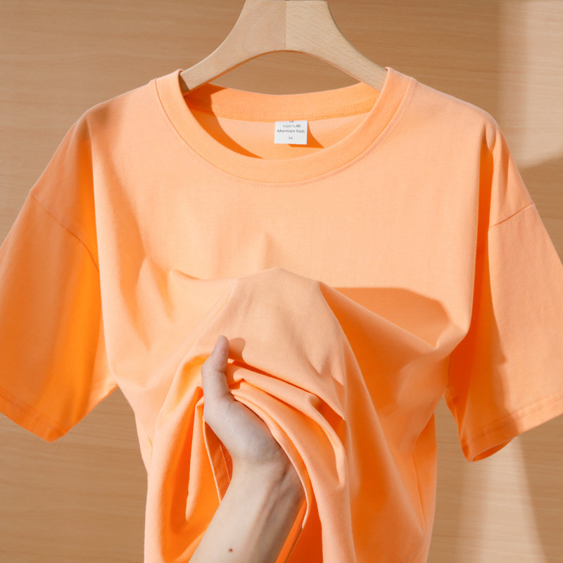 Summer Light Orange Coral Orange Short-Sleeved T-Shirt, Heavyweight Loose Pure Cotton Round Neck Solid Color Couple's Top for Men and Women Summer Light Orange Coral Orange Short-Sleeved T-Shirt, Heavyweight Loose Pure Cotton Round Neck Solid Color Couple's Top for Men and Women
