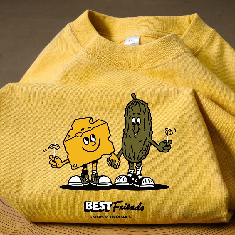 Pair It with the Energetic Colors of Summer! 265g Heavyweight Egg-Yellow Cartoon Print Crew Neck Short-Sleeve T-Shirt for Men and Women in Summer