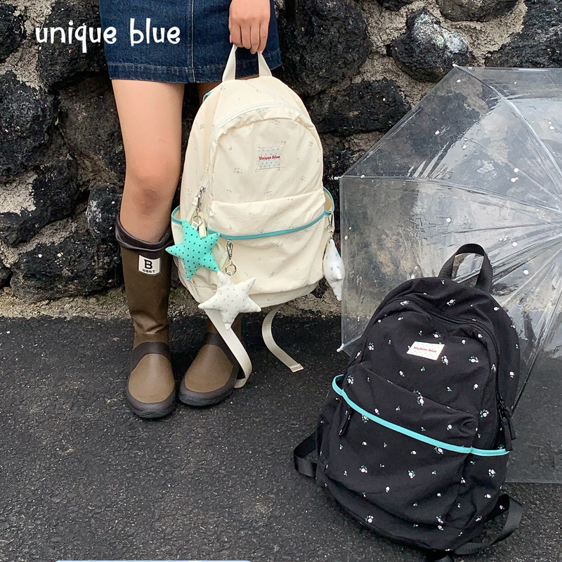 Unique Blue Korean Style ins Cute Floral Backpack Student Commuter Casual Lightweight Large Capacity School Bag for Women