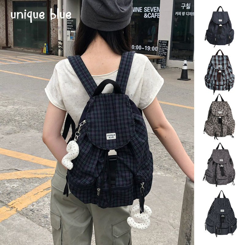 Unique Blue Korean-Style Plaid Retro Drawstring Backpack for Female Students, Commuter School Bag, Large-Capacity Backpack for Women Unique Blue Korean-Style Plaid Retro Drawstring Backpack for Female Students, Commuter School Bag, Large-Capacity Backpack for Women