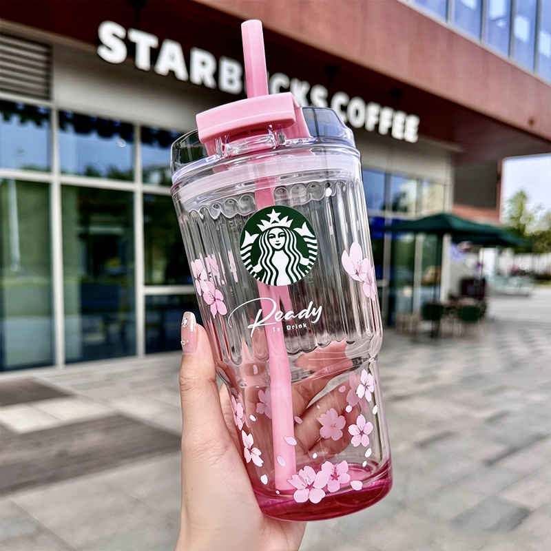 Starbucks Cup Pink Cherry Blossom Glass Straw Cup Large Capacity Drinking Cup Cold Drink Cup Milk Coffee Cup Water Cup
