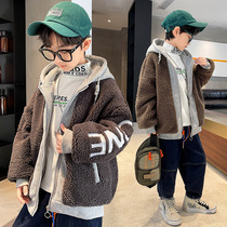 Boy lambs fleece jacket plus fleece thicker autumn winter 2022 new fashion handsome childrens winter middle and big childrens winter clothes