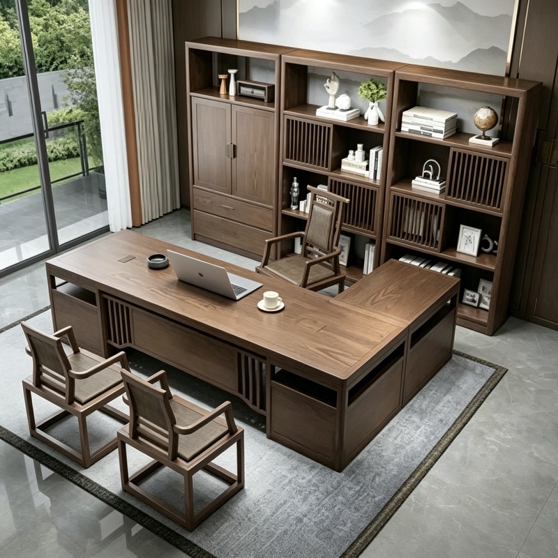New Chinese-Style White Ash Solid Wood Executive Desk Zen-Inspired L-Shaped Corner Study Desk Bookcase Tea Table New Chinese-Style White Ash Solid Wood Executive Desk Zen-Inspired L-Shaped Corner Study Desk Bookcase Tea Table
