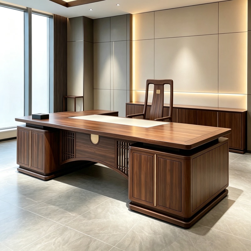 New Chinese-Style Walnut Solid Wood Executive Desk, Modern High-End Boss Desk, Office Furniture