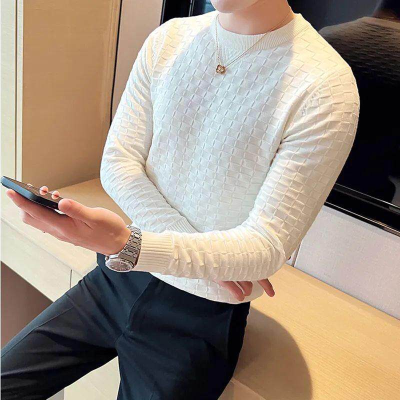 Autumn Winter Sretch Jacquard Woven O-Neck Sweater Mens Waf-