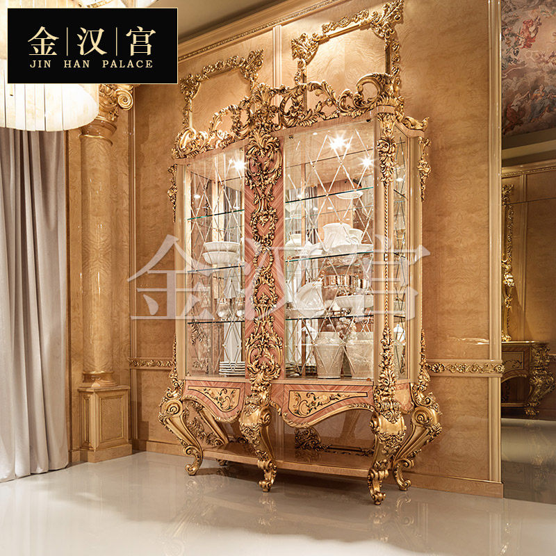 Luxury Solid Wood Wine Cabinet Italian Court European Wine Cabinet Living Room Gold Foil Luxury Classical Decoration Cabinet
