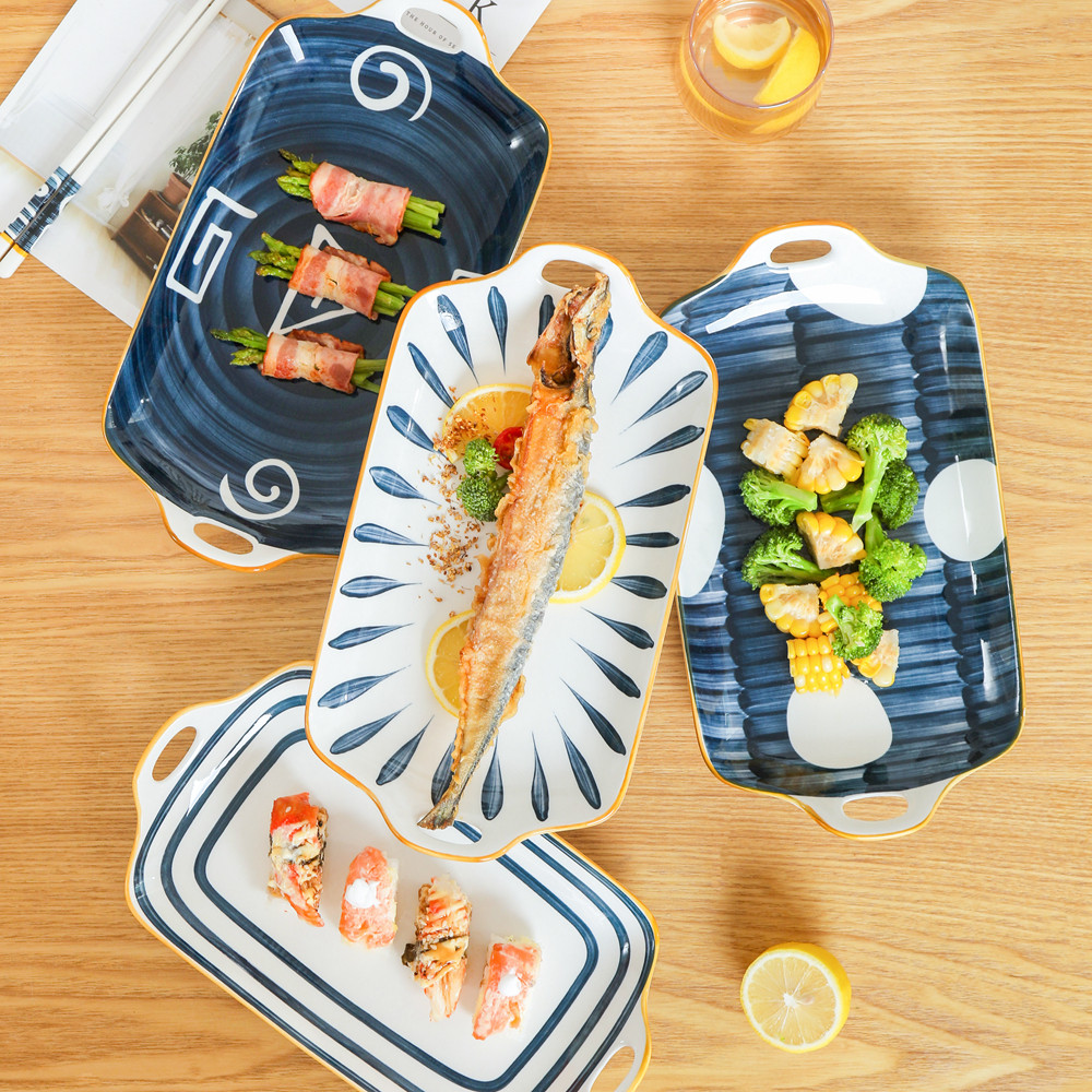 Japanese-style binaural fish plate household large steamed fish plate 2021 new ceramic tableware plate plate rectangular plate