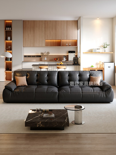 Genuine Leather Sofa, Italian Minimalist Style, Top-Grain Cowhide, Small Apartment Living Room, Black Marshmallow Retro Straight-Line Black Sugar Bobo