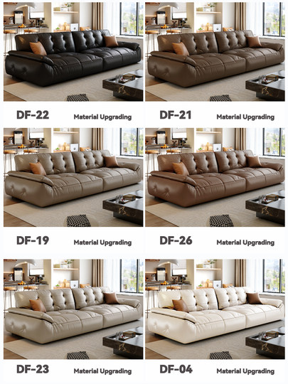 Genuine Leather Sofa, Italian Minimalist Style, Top-Grain Cowhide, Small Apartment Living Room, Black Marshmallow Retro Straight-Line Black Sugar Bobo