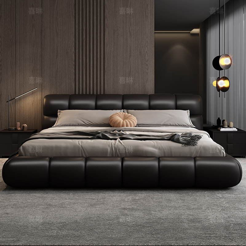 Luxury Black Puff Bed for Master Bedroom, High-End and Elegant, 2m X 2.2m Double Bed, Light Luxury Top-Grain Leather Storage Bed