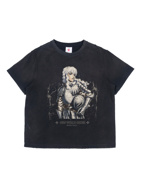 High Table Burned Warrior Griffith Washed Black Printed Short Sleeve T-Shirt Regular Shoulder Fit Distressed