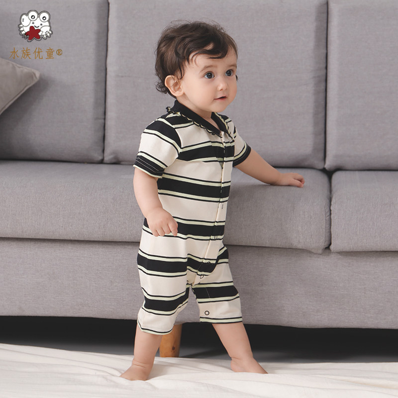 Aquatic Youchild Baby Summer Lions Striped Polo Shirt Pure Cotton Flap short sleeves Cardiovert Overcoat Baby Khae Thin