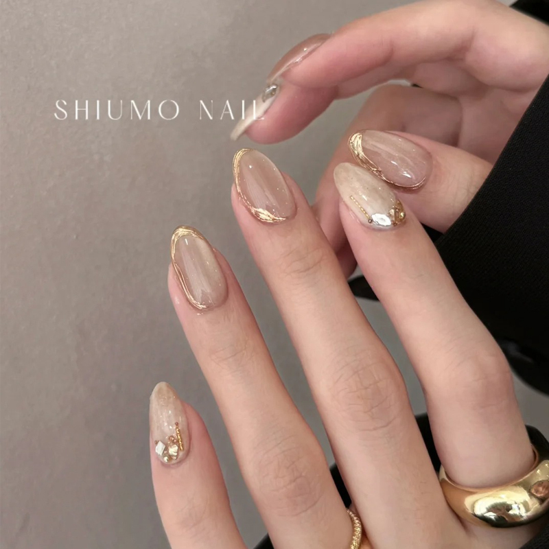 2026 New Year French Cat Eye Style Handmade Wearable Nail Stickers with Rhinestones Pure Desire Short Oval Nail Art Stickers