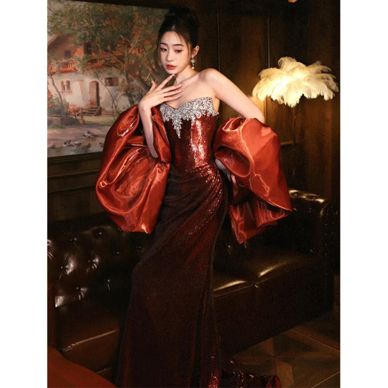 High-End Heavy-Duty Formal Dress for Bride, Engagement, Wedding, Banquet, Sequin Strapless Hostess, Socialite Evening Gown