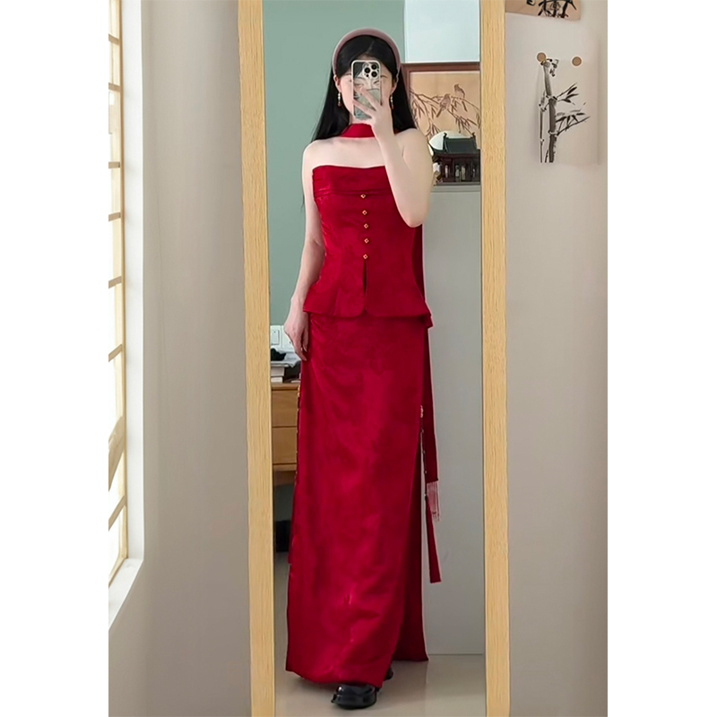 New Chinese-Style Red Tube Top Dress for Women 2026 New Bridal Wedding Toast Dress Engagement Cheongsam Long Dress Set