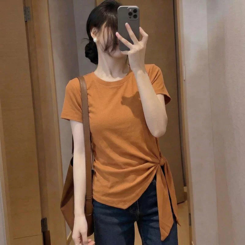 时尚褶皱短袖T恤女2026春夏圆领系带修身温柔风休闲显瘦百搭上衣