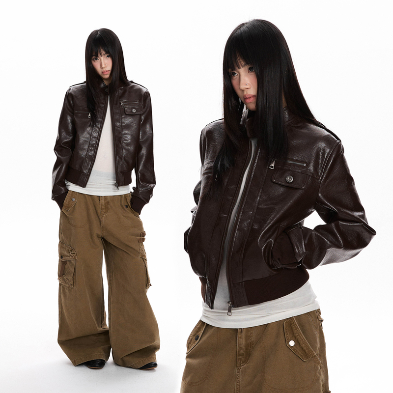 Apocket American-Style Spicy Girl High-End Stand-Up Collar Leather Jacket, Cool and Slimming, Short Motorcycle-Style Jacket for Autumn
