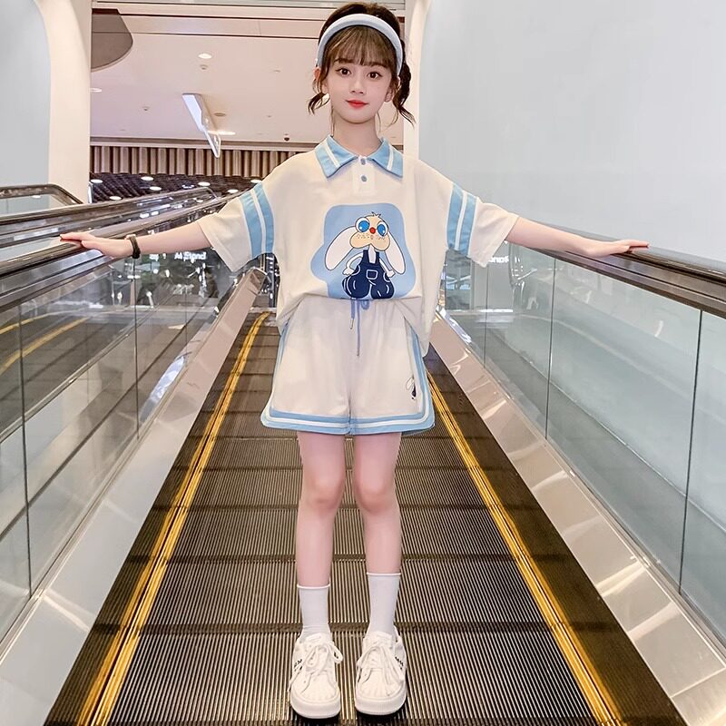 Girl Suit Summer 2023 New Ocean Gas Children Han Edition Polo Collar Short Sleeve Shorts Girl Casual Two Sets-Taobao