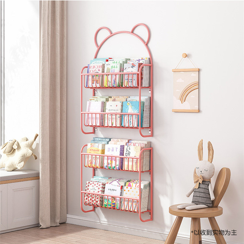 Wall bookshelf home picture book storage shelf hanging wall iron floor small large-capacity baby shelf bookcase