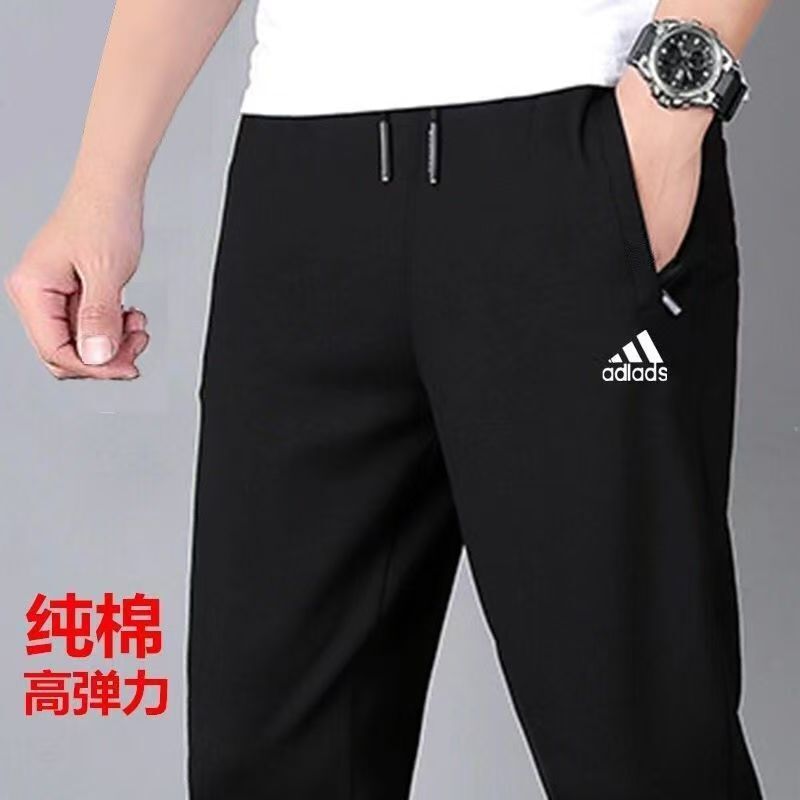 Authentic 100% Cotton Men's Sweatpants for Spring and Autumn, Trefoil Vip Fleece-Lined Black Straight-Leg Sweatpants