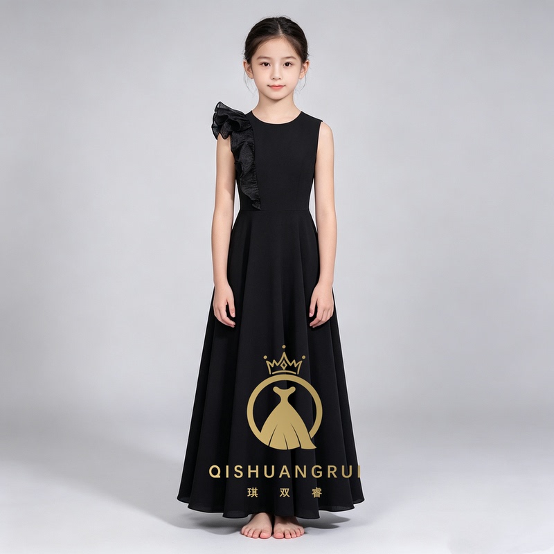 Elegant Black Long Performance Dress for Girls, Suitable for Orchestra Grading, Instrument Hosting, Piano and Violin Performances Elegant Black Long Performance Dress for Girls, Suitable for Orchestra Grading, Instrument Hosting, Piano and Violin Performances