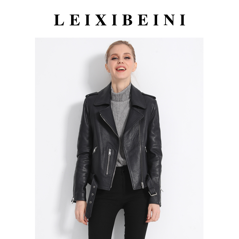 Leixibeni Short Genuine Leather Motorcycle Jacket for Women, New Lambskin Korean Style Slim Fit Suit Collar Leather Jacket