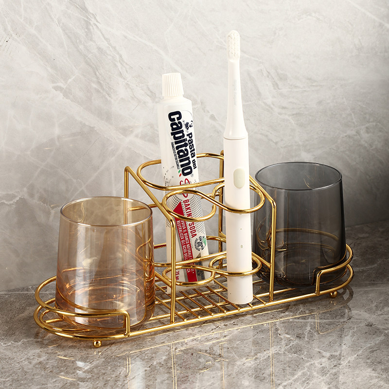 Light luxury powder room punch-free toothbrush rack mouthwash cup brushing cup wall-mounted dental cylinder set wall-mounted storage rack