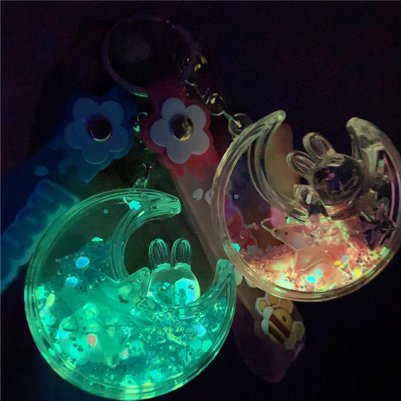 Trendy Luminous Dried Flower Star and Moon Rabbit Keychain Liquid Sand Bottle Keyring Small Pendant Bag Charm