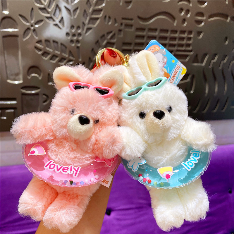 Creative Internet-Famous Cartoon Plush Swimming Ring Bunny Bear Doll Keychain Pendant Pink Rabbit Plush Keychain for Women